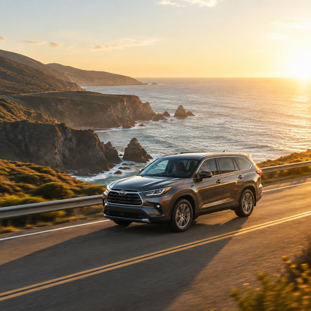 Family SUV driving along a scenic coastal road at sunset