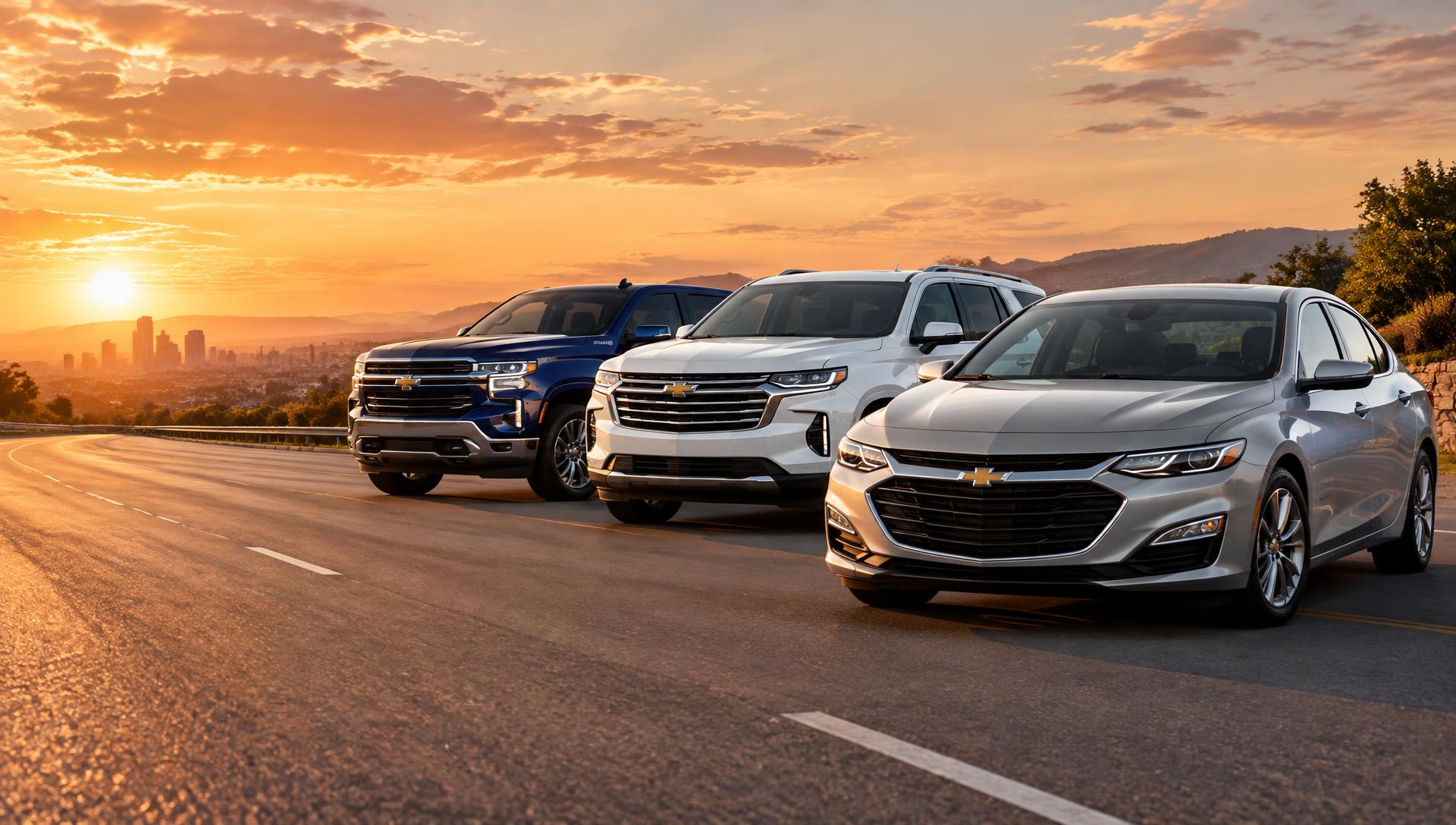 Lineup of a sedan, SUV and pickup truck on an open highway at sunset